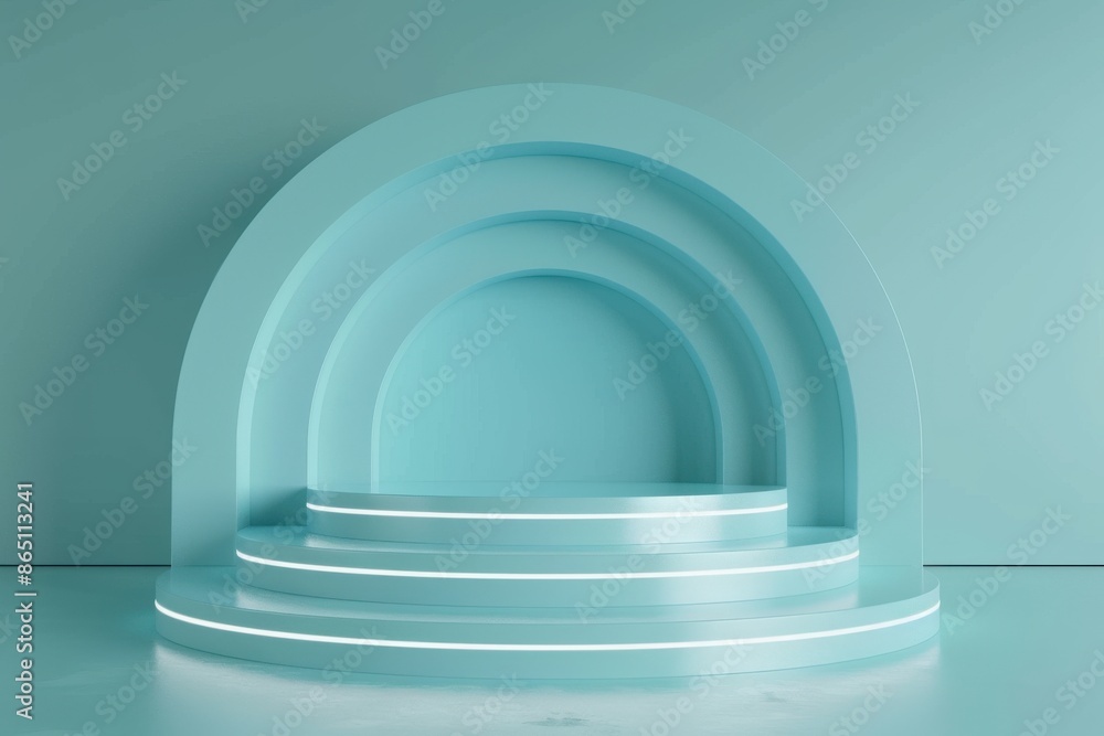 Fototapeta premium Minimalist teal podium or pedestal for product display with neon lights on a teal background. Concept of luxury, cosmetic, skincare, or product advertisement.