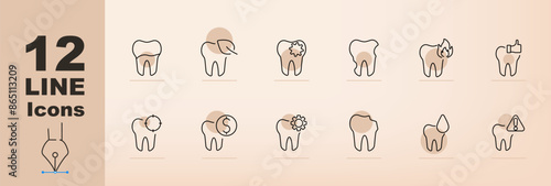 Dental set icon. Tooth, floss, sparkle, flame, thumbs up, gear, dollar, water drop, warning, dental care, oral hygiene, dental health, dental services, tooth icons