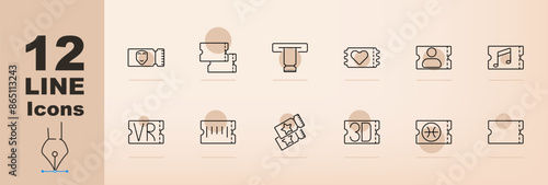 Tickets set icon. Movie, event, concert, plane, heart, ID, music, VR, 3D, basketball, theater, admission, entertainment events, entry pass, ticket icons