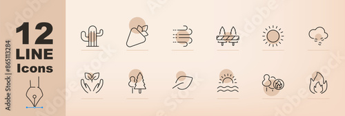Nature and weather set icon. Cactus, mountain, wind, fence, sun, clouds, leaves, tree, leaf, sunrise, forest, fire, environmental changes, climate symbols, natural elements