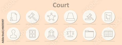 Court icons set. Document, gavel, balance, courthouse, sheriff badge, law book, scale, stamp, folder. Line icons on beige background