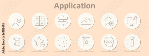 Application icons set. Bookmark, calculator, signpost, image, star, checklist, clock, book, chat, tie. Line icons on beige background.