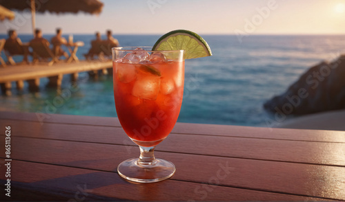 Refreshing cocktail in a glass on a wooden table in a beach club during sunset. Alcohol cocktails with ocean view. photo