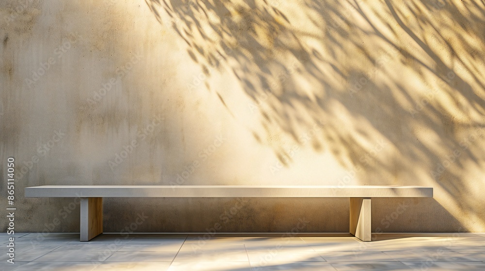 Sleek bench, serene outdoor wall, sunlight streaming through, golden dusk colors, enhancing calmness. Sleek bench, serene outdoor wall, sunlight streaming through, golden dusk colors, enhancing calmness.