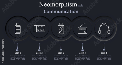 Communication set icon. Battery, film, electricity, radio, headphones, technology, interface, audio, device, digital, internet, media, web, power, connection, vector, illustration, communication
