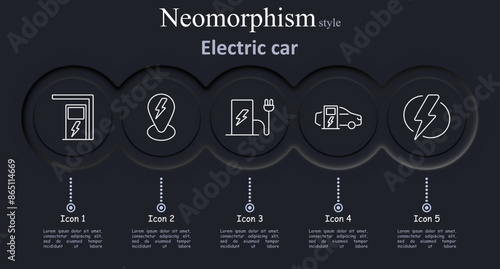 Electric car set icon. Charger, location, plug, vehicle, power, energy, station, green, transport, eco, automobile, electric, charging, vector, illustration, neomorphism, icons.
