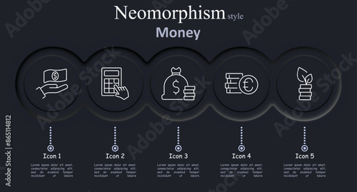 Money set icon. Hand money, calculator, bag, currency, investment, finance, cash, savings, economy, budget, vector, illustration, neomorphism, icons.