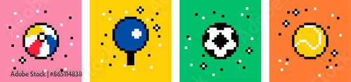 Pixel art sport and ball icon collection. Creative concept of sport and recreation for healthy life style. Colorful posters set. Minimalistic trendy backgrounds for card, banner, cover. 8-bit retro