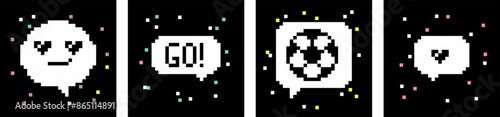 Soccer text messages illustration set. Pixel speech bubbles, chats, conversation frame. Football banner. Pixel art 8 bit design. Wow, Go, love football concept. Black and white colors. Mood of 90's