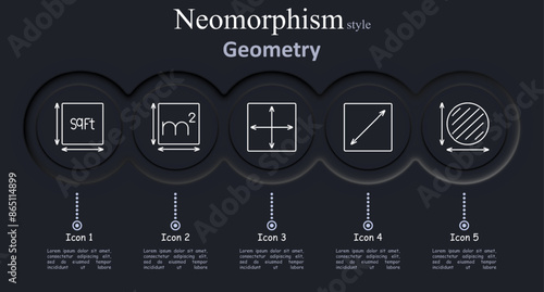 Geometry set icon. Square foot, square meter, dimensions, diagonal, circle area, measurement, size, area, length, width, geometry, space.
