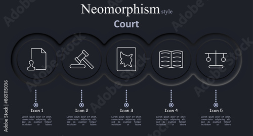 Court set icon. Document, gavel, map, book, scales, law, justice, legal, court, case, judgment, balance, trial, judiciary.