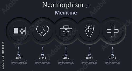 Medicine set icon. Health card, heart rate, medical kit, location, cross, healthcare, medical, emergency, treatment, health, hospital, care.