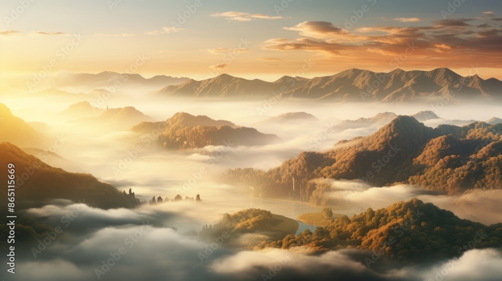 Autumn mountains above clouds with golden foliage, Autumn mountains above clouds with golden foliage,