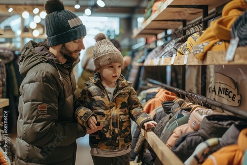 A children with parent discussing various outfit options for a special occasion with a beautifully arranged display of children clothing items emphasizing the range and expertise offered