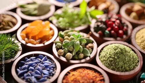 Macro shot of colorful medicinal herbs and plants, highlighting their natural healing properties.