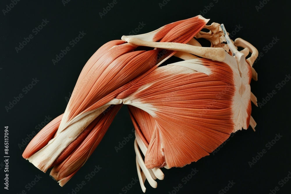 Detailed Muscles of a Human Body on a Black Background, A visual depiction of the shoulder muscles showing irregularities or abnormalities in shape or alignment Detailed Muscles of a Human Body on a Black Background, A visual depiction of the shoulder muscles showing irregularities or abnormalities in shape or alignment