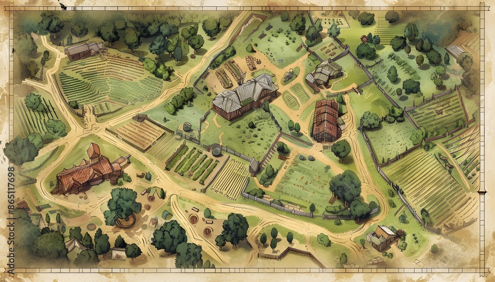 Fototapeta premium Fantasy map for game rpg, Fantasy rustic battlefield illustration