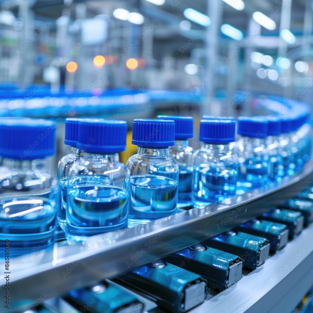 pharmaceutical factory, modern medical tube production line Row of glass bottles with blue caps On a conveyor belt vaccine production factory Drug manufacturing process pharmaceutical factory, modern medical tube production line Row of glass bottles with blue caps On a conveyor belt vaccine production factory Drug manufacturing process