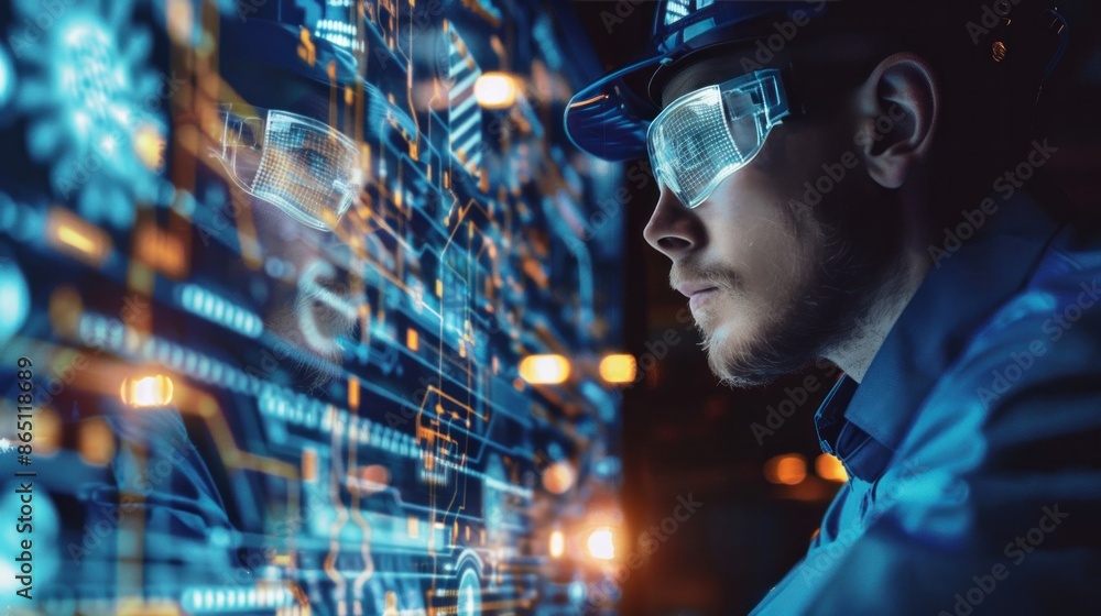Concept of future technology, electronic circuit board, and a high-tech engineer, Industry 4.0 Concept of future technology, electronic circuit board, and a high-tech engineer, Industry 4.0