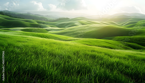 Green grass field on rolling hills
