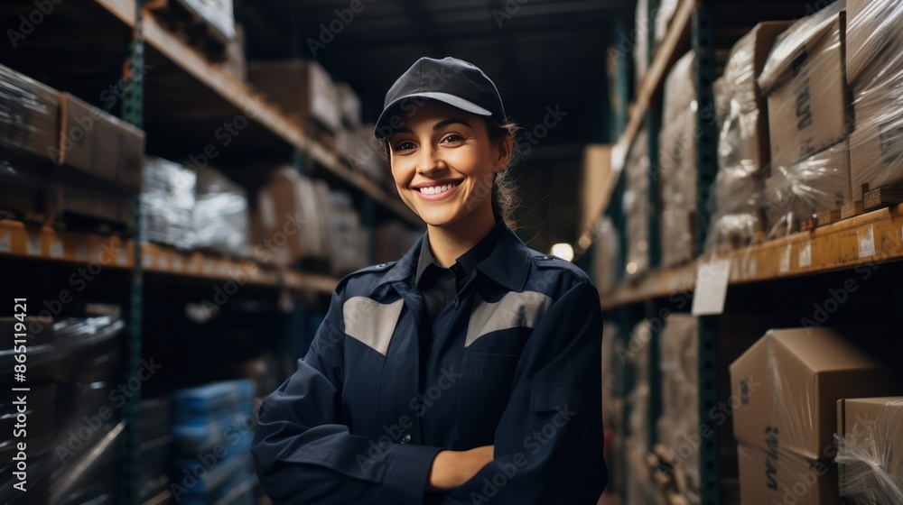 Smiling woman in uniform working in a warehouse Smiling woman in uniform working in a warehouse