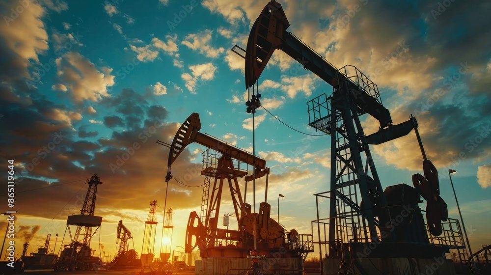 Oil drilling rigs or oil fields, oil pipelines and beautiful skies ...