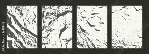 Old crumpled paper effect with halftone effect. Grainy texture, grunge background. Vector set of templates in retro style.