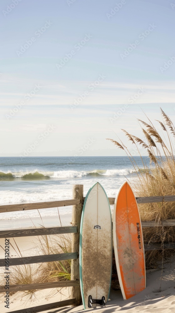 Two surfboards leaning against a wooden fence on a sandy beach with ocean waves in the background under a clear sky. Two surfboards leaning against a wooden fence on a sandy beach with ocean waves in the background under a clear sky.