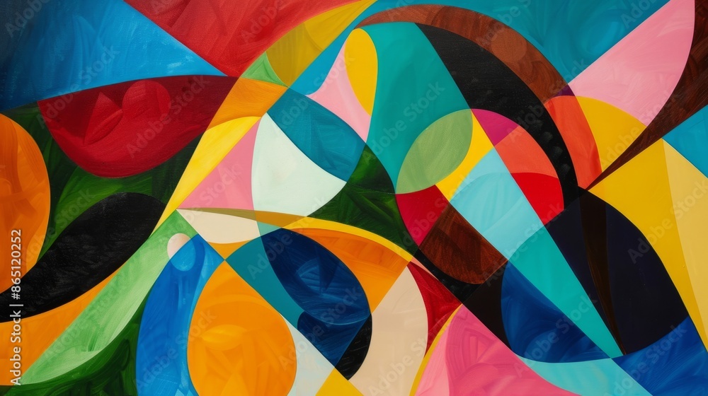 Fototapeta premium Vibrant abstract geometric painting with colorful shapes and dynamic forms, showcasing a modern artistic expression.