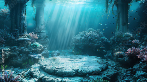 3D podiums at the bottom of the ocean, surrounded by marine life and coral reefs © Sergei