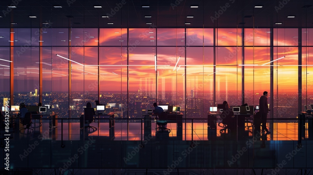 Glowing Cityscape Silhouetted Workers in OpenPlan Office at Twilight Glowing Cityscape Silhouetted Workers in OpenPlan Office at Twilight