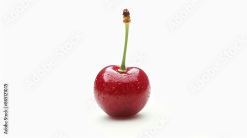 A single red cherry with a stem, against a white background.