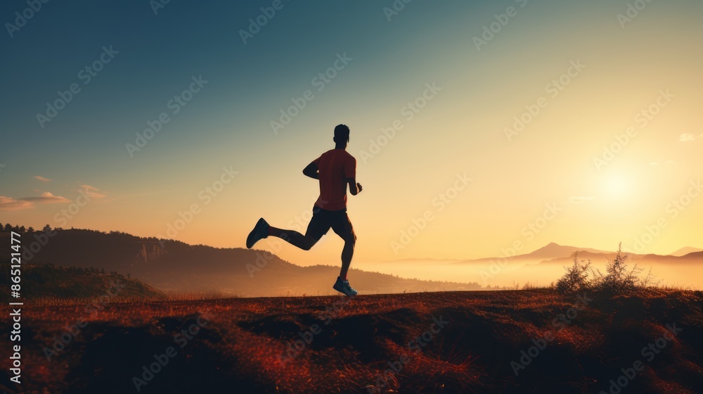 Fototapeta premium Young sportsman running on top of a hill 