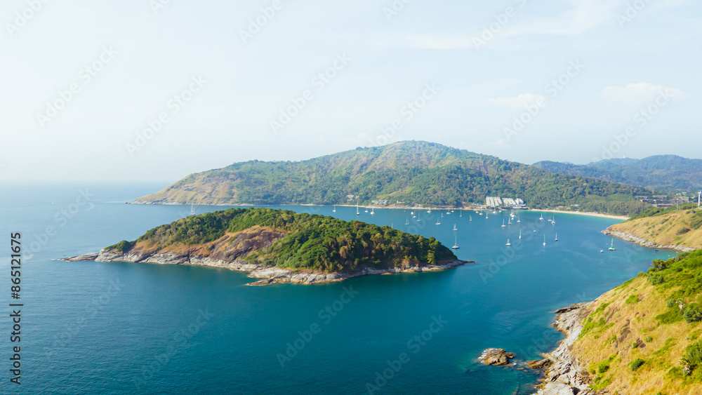 Fototapeta premium Promthep Cape Sunset Viewpoint in the South of Phuket Thailand Take photos from a drone Top 5 popular tourist attractions in Thailand