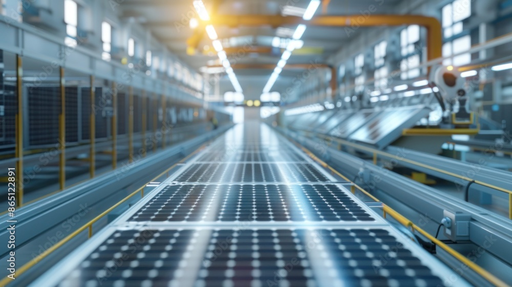 Large Production Line with Industrial Robot Arms at Modern Bright Factory. Solar Panels are being Assembled on Conveyor. Automated Manufacturing Facility Large Production Line with Industrial Robot Arms at Modern Bright Factory. Solar Panels are being Assembled on Conveyor. Automated Manufacturing Facility