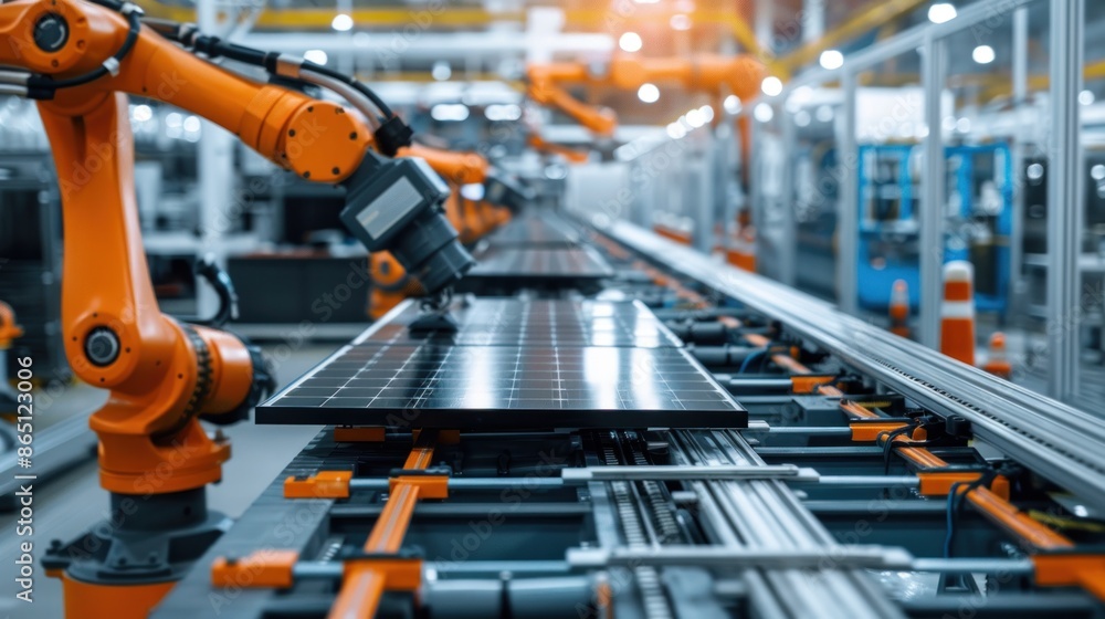 Large Production Line with Industrial Robot Arms at Modern Bright Factory. Solar Panels are being Assembled on Conveyor. Automated Manufacturing Facility Large Production Line with Industrial Robot Arms at Modern Bright Factory. Solar Panels are being Assembled on Conveyor. Automated Manufacturing Facility