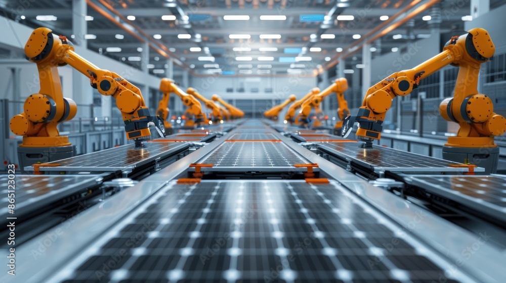 Large Production Line with Industrial Robot Arms at Modern Bright Factory. Solar Panels are being Assembled on Conveyor. Automated Manufacturing Facility Large Production Line with Industrial Robot Arms at Modern Bright Factory. Solar Panels are being Assembled on Conveyor. Automated Manufacturing Facility