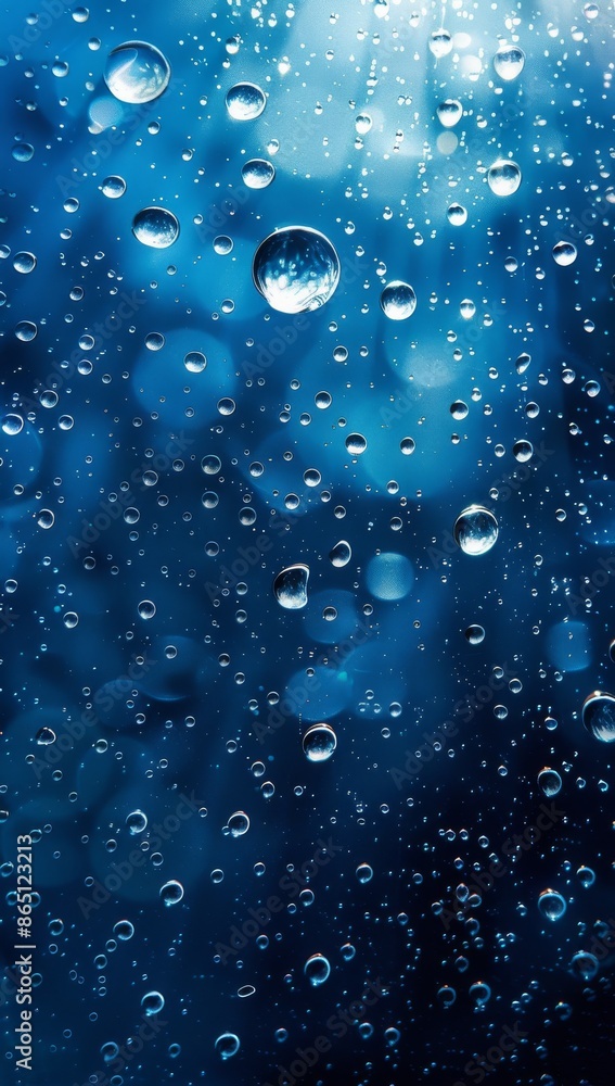 Water droplets on a blue glass surface with bokeh effect creating a tranquil and fresh atmosphere Water droplets on a blue glass surface with bokeh effect creating a tranquil and fresh atmosphere