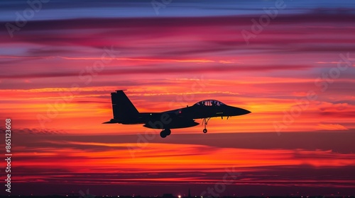 Dramatic silhouette of a military aircraft during evening warfare, set against a vibrant, colorful sunset sky