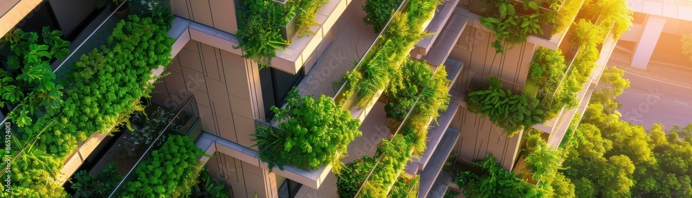 Modern urban building with lush green balconies, showcasing sustainable architecture and eco-friendly design at sunrise. Modern urban building with lush green balconies, showcasing sustainable architecture and eco-friendly design at sunrise.