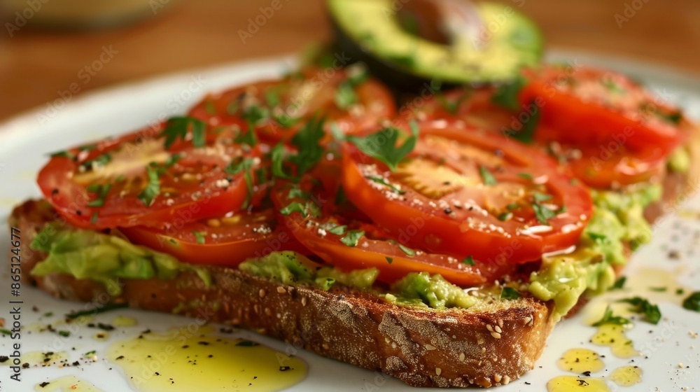 A savory and satisfying breakfast toast topped with mashed avocado sliced tomatoes and a drizzle of avocado oil for a boost of healthy fats. A savory and satisfying breakfast toast topped with mashed avocado sliced tomatoes and a drizzle of avocado oil for a boost of healthy fats.