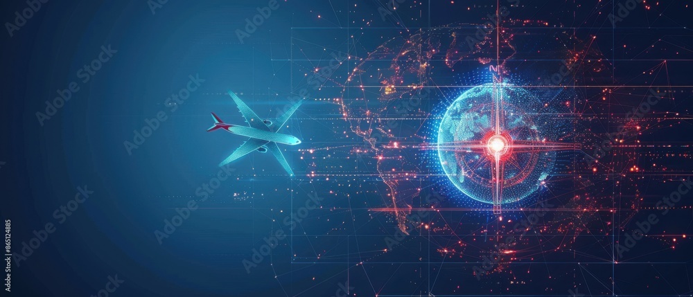 Obraz premium compass, navigation concept for aviation. points of departure and arrival. a globe, a compass around which airplanes fly