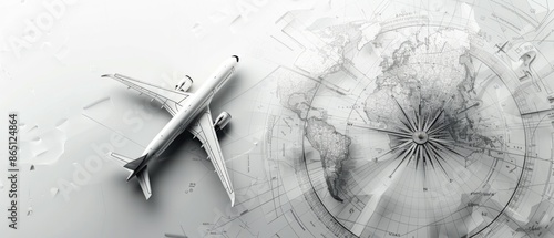 compass, navigation concept for aviation. points of departure and arrival. a globe, a compass around which airplanes fly