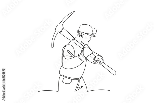 Continuous one line drawing A Traditional miner uses a hoe to get treasures. Woman digging and mining for treasure chest in underground tunnel. Single line draw design vector