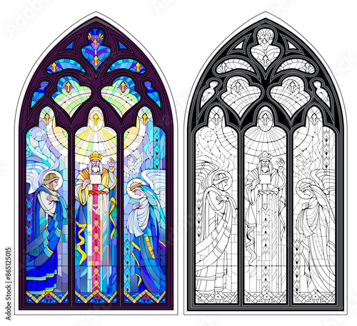 Colorful and black and white illustration of Gothic stained glass window. Illustration of holy apostles. Coloring book for children and adults. Medieval architecture in Western Europe. Vector drawing