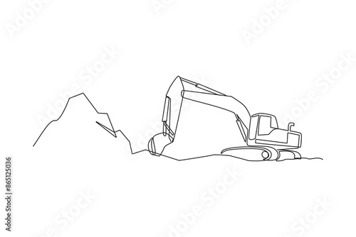 Continuous one line drawing an excavator used in the mining process. Woman digging and mining for treasure chest in underground tunnel. Single line draw design vector
