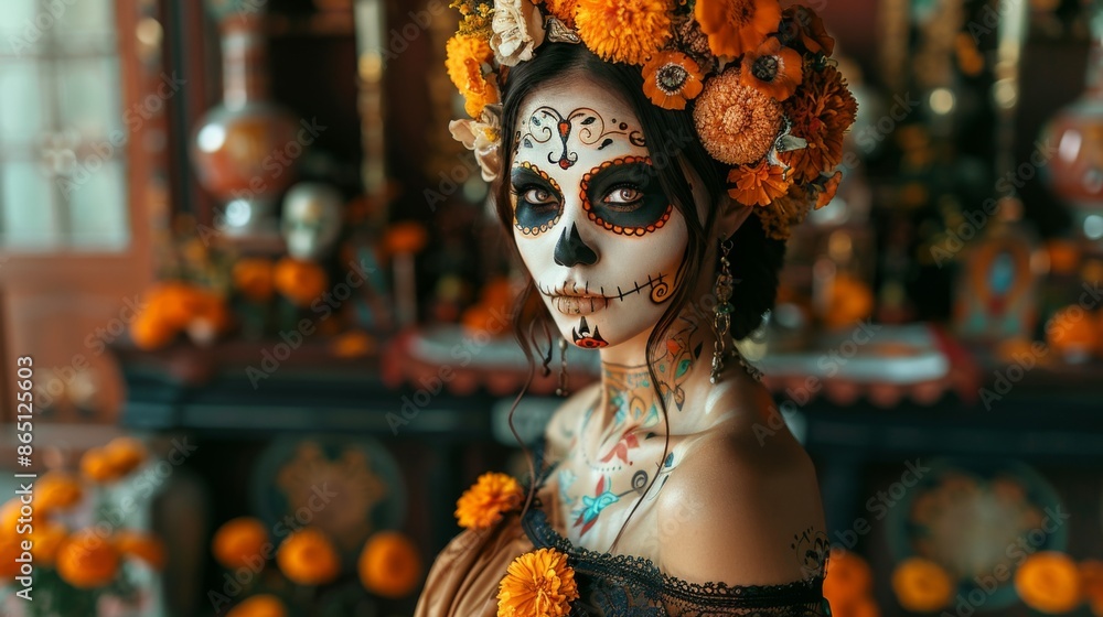 Catrina in Traditional Dress: A woman dressed as La Catrina with intricate face makeup, wearing a traditional Mexican dress adorned with marigold flowers. Die De Los Muertos. Catrina in Traditional Dress: A woman dressed as La Catrina with intricate face makeup, wearing a traditional Mexican dress adorned with marigold flowers. Die De Los Muertos.