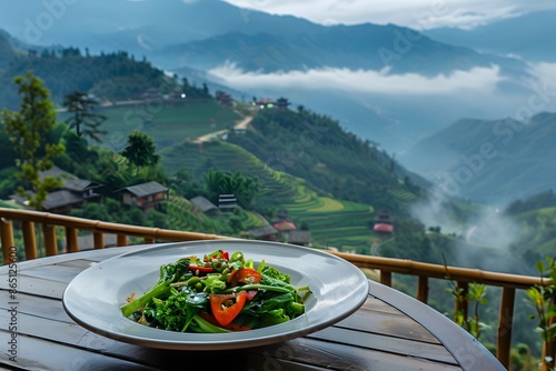 a plate of stir-fried kailan with a view of the cool mountains and beautiful clouds photo