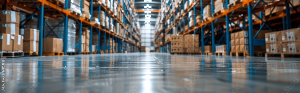 Warehouse interior with shelves and boxes Warehouse interior with shelves and boxes