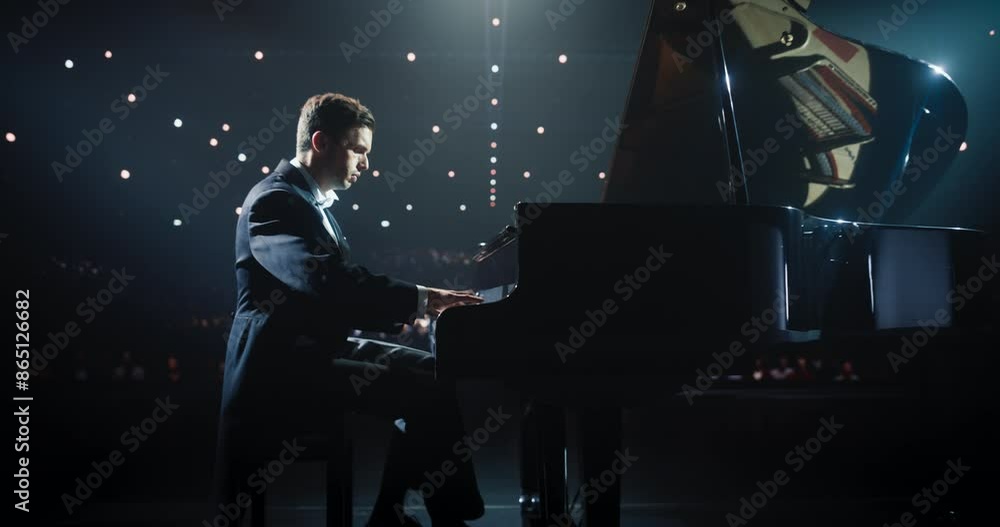 Zoom Out From Pianist's Hands. Male Performing Classical Instrumental Music on Stage. Musician Using a Grand Piano to Create Beautiful, Melodic Improvisation. Spectators Sitting in the Concert Hall
